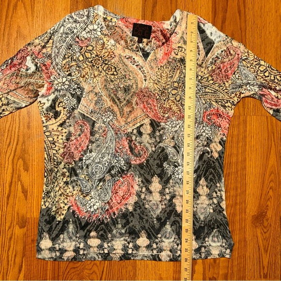 French Blue Top Size S Paisley Geometric Beaded Multicolor 3/4 Sleeve Semi-sheer - Picture 9 of 9